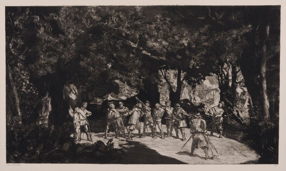 Max Klinger "Simplicius unter den Soldaten". 1881.: Max Klinger "Simplicius unter den Soldaten". 1881. Etching. In der Platte typographisch signiert "Max Klinger" u.li. und nummeriert "IX" u.re. Blatt 9 aus der Folge "Intermezzi, Opus IV".WVZ Singer 60