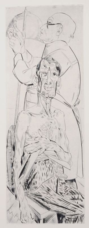 Max Ackermann, Beim Arzt. 1929.: Max Ackermann, Beim Arzt. 1929. Drypoint etching auf Buetten. In der Platte monogrammiert "M. A." u.li. Trockenstempel u.re. Spaeterer Abzug der 1950er Jahre. Verso atelierspurig. size: Pl. 64,6 x 24