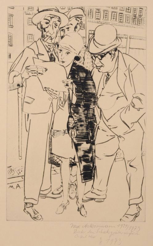 Max Ackermann, Der Kurszettel. 1924.: Max Ackermann, Der Kurszettel. 1924. Etching auf Buettenkarton. In der Platte monogrammiert "M.A." u.li. In Blei signiert "Max Ackermann", datiert und mit einer Widmung und Datierung "1973" versehen u