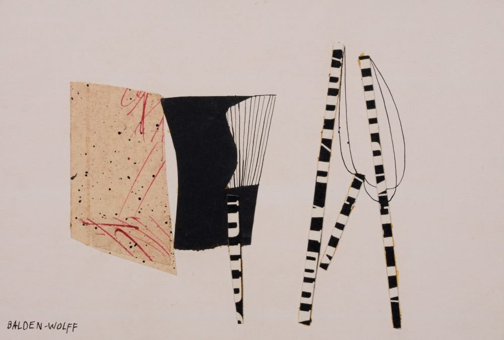Annemarie Balden-Wolff, Collage. Vor 1969.: Annemarie Balden-Wolff, Collage. Vor 1969. Collage, rote Tinte, Tusche und Papiere. In Tusche signiert u.li. "Balden- Wolff". Verso in Blei bezeichnet. Auf Untersatzkarton montiert. Leicht angeschmutz
