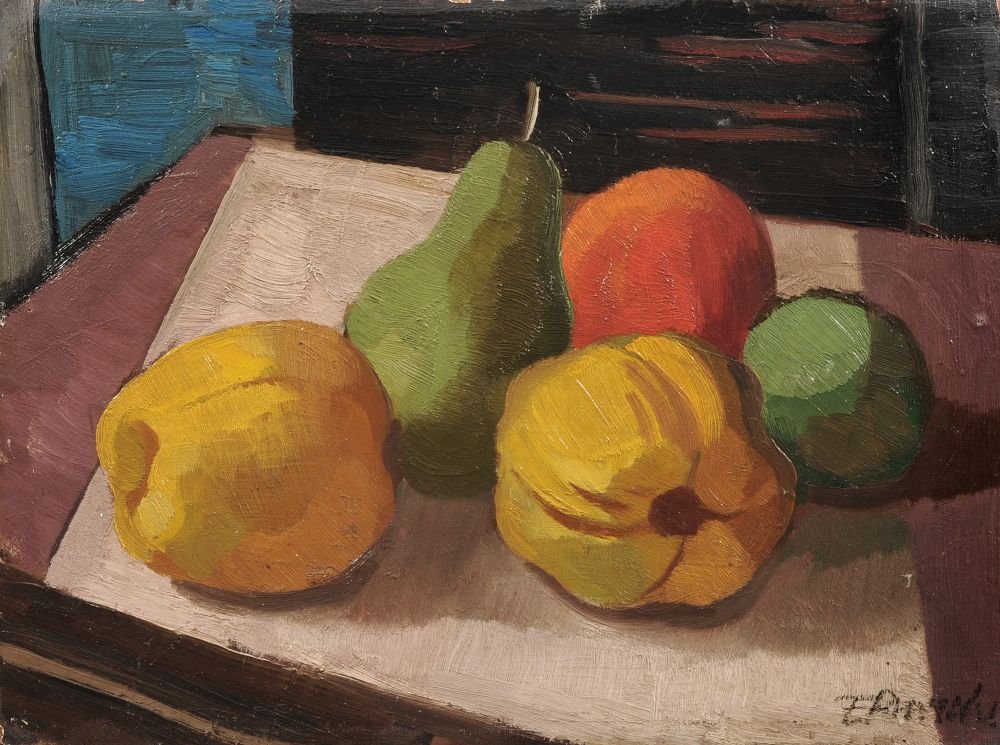 Ernst Bursche, Stilleben mit Fruechten. Wohl fruehe 194: Ernst Bursche, Stilleben mit Fruechten. Wohl fruehe 1940 s. Oil on fibreboard. Signiert "E. Bursche" u.re. In profilierter, goldfarbener Leiste gerahmt.Vgl. dazu ein motivisch und stilistisch aehnlich