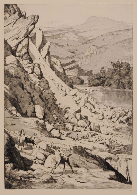 Max Klinger "Der Bergsturz". 1881.: Max Klinger "Der Bergsturz". 1881. Etching. In der Platte typographisch signiert "Max Klinger" u.li. und nummeriert "VI" u.re. Blatt 6 der Folge "Intermezzi", Opus IV.WVZ Singer 57 IV (von IV). Blatt
