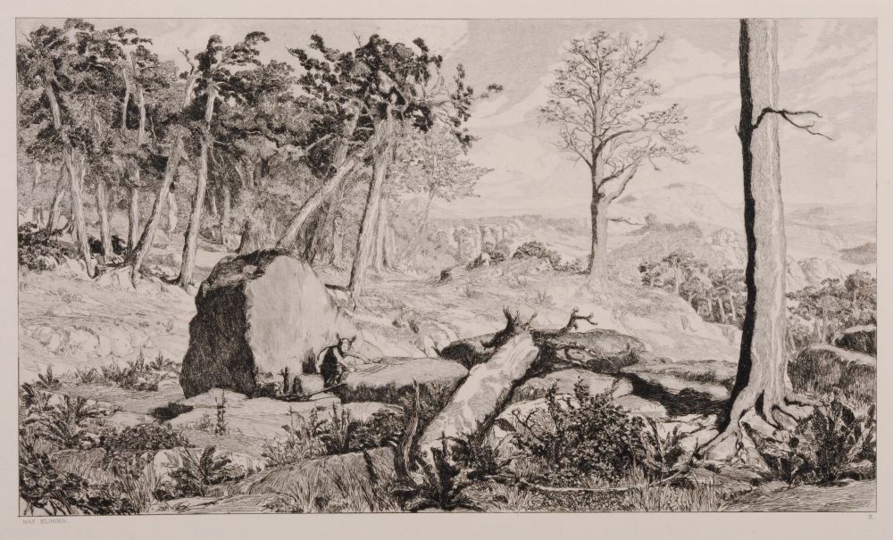 Max Klinger "Simplicius in der Waldeinoede". 1881.: Max Klinger "Simplicius in der Waldeinoede". 1881. Etching. In der Platte typographisch signiert "Max Klinger" u.li. und nummeriert "X" u.re. Blatt 10 der Folge "Intermezzi", Opus IV.WVZ Singer 61 III