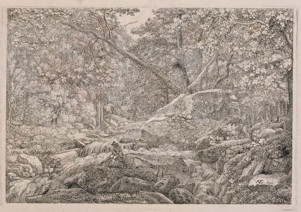 Christoph Nathe "Der Waldbach". 1805.: Christoph Nathe "Der Waldbach". 1805. Etching. In der Platte ligiert signiert "NATHE" und datiert u.re. Auf einen Untersatzkarton montiert und darauf in Tinte mehrfach bezeichnet.WVZ Ruemann 75; WVZ F