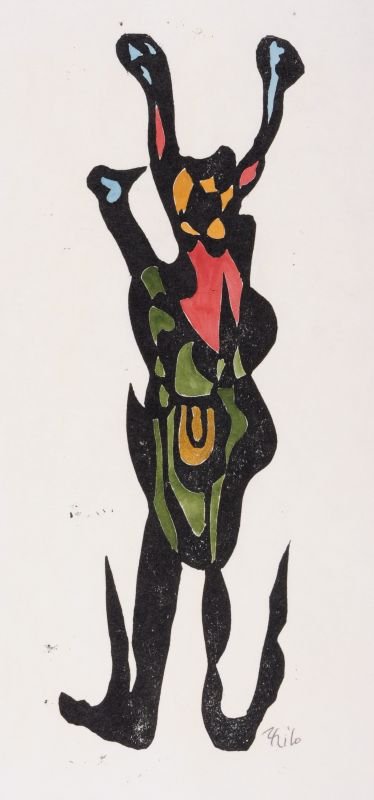 Thilo Maatsch, Zwei figuerliche Kompositionen. No date.: Thilo Maatsch, Zwei figuerliche Kompositionen. No date. Wood cut in colours, koloriert. Jeweils in Kugelschreiber signiert "Thilo" u.re. Blaetter an den Raendern minimal gebraeunt und leicht knickspur