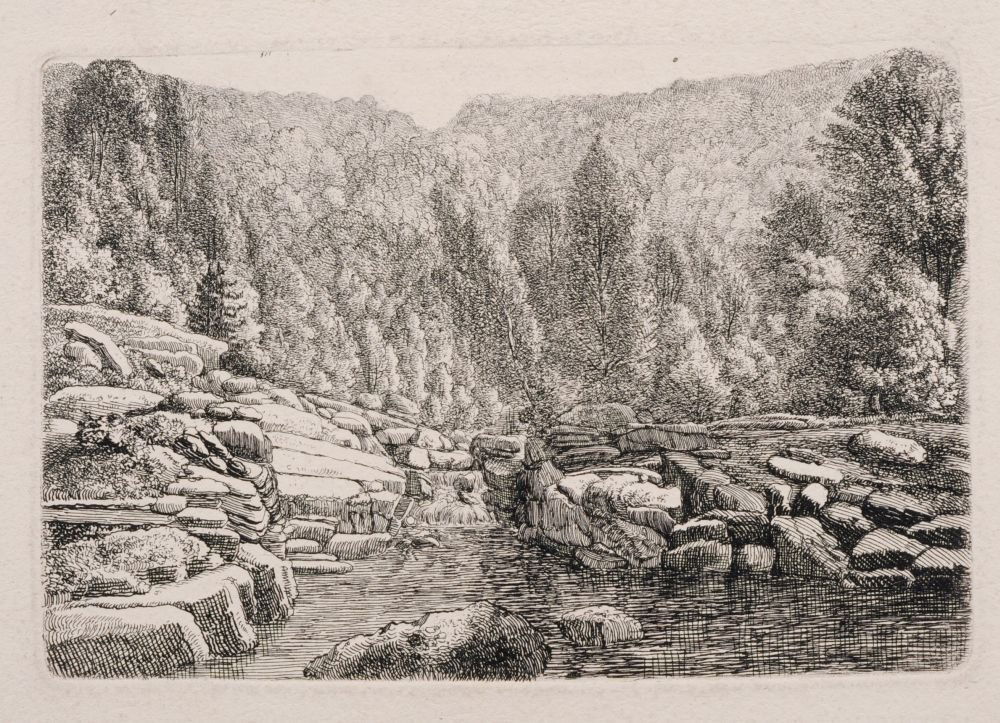 Christoph Nathe "Gebirgsbach im Riesengebirge". Um: Christoph Nathe "Gebirgsbach im Riesengebirge". Um 1805. Etching auf festem Papier. Unsigniert. Auf Untersatzkarton montiert. Darauf in blauer Tinte von fremder Hand bezeichnet. u.re. und u.li. In Ble