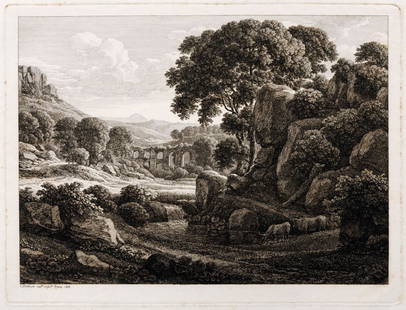 Johann Christian Reinhart, "Der Ursprung der Styx in: Johann Christian Reinhart, "Der Ursprung der Styx in Arkadien" und drei weitere Landschaften. Um 1800. Etching auf Buetten. Zwei Blaetter aus der Folge "Die Landschaften im heroischen Stil": "Landscha