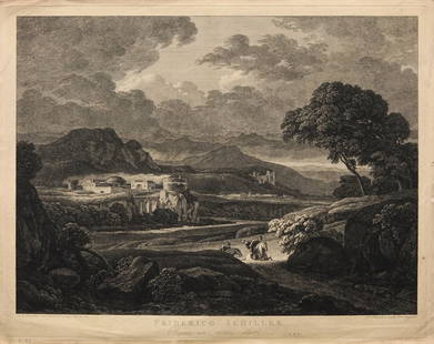 Johann Christian Reinhart "Great heroic landscape,: Johann Christian Reinhart "Great heroic landscape, dedicated to Schiller". 1800. Etching. on yellowish paper. Signed, dated and inscirbed outside the depiction on the bottom left "J. C. Reinhart inv.t