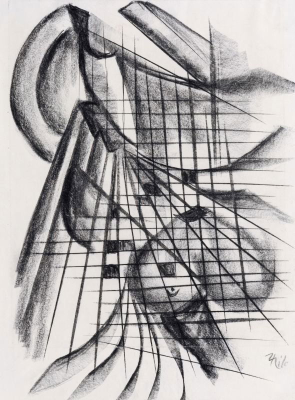 Thilo Maatsch, Abstrakte Komposition mit Gitter. Wohl: Thilo Maatsch, Abstrakte Komposition mit Gitter. Wohl 1970 s. Charcoal drawing. U.re. ligiert signiert "ThiloM". Im Passepartout hinter Glas in schmaler, goldgefasster Holzleiste gerahmt. Blatt techni
