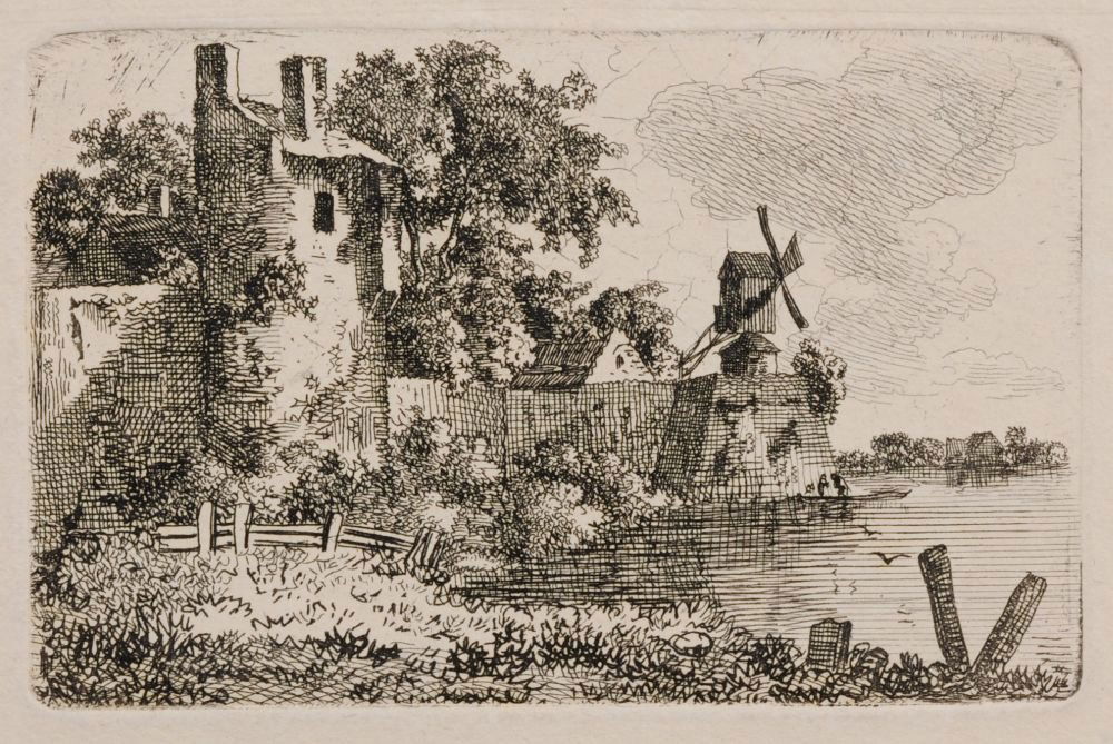 Christoph Nathe "Flusslandschaft mit einem Mauerturm: Christoph Nathe "Flusslandschaft mit einem Mauerturm und einer Windmuehle". Um 1800. Etching. Unsigniert. In Blei von fremder Hand bezeichnet u.re. Verso in Blei nochmals bezeichnet. An zwei Ecken auf
