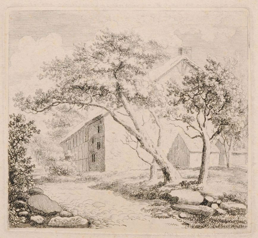 Christoph Nathe "Das helle Haus". Um 1800.: Christoph Nathe "Das helle Haus". Um 1800. Etching. In der Platte signiert "Nathe f" u.re. Auf Untersatzkarton montiert, darauf von fremder Hand in Tinte sowie in Blei bezeichnet.WVZ Ruemann 62; WVZ F