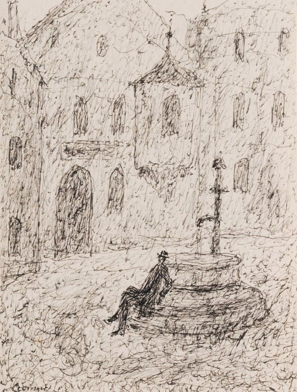 Ernst Lewinger, Sitzender am Brunnen (zu Thomas Mann: Ernst Lewinger, Sitzender am Brunnen (zu Thomas Mann "Der Tod in Venedig"). No date. Pen drawing (ink). Signiert "Lewinger" u.li. Verso in Blei wohl vom Kuenstler bezeichnet. size: 11,3 x 8,5 cm. Erns