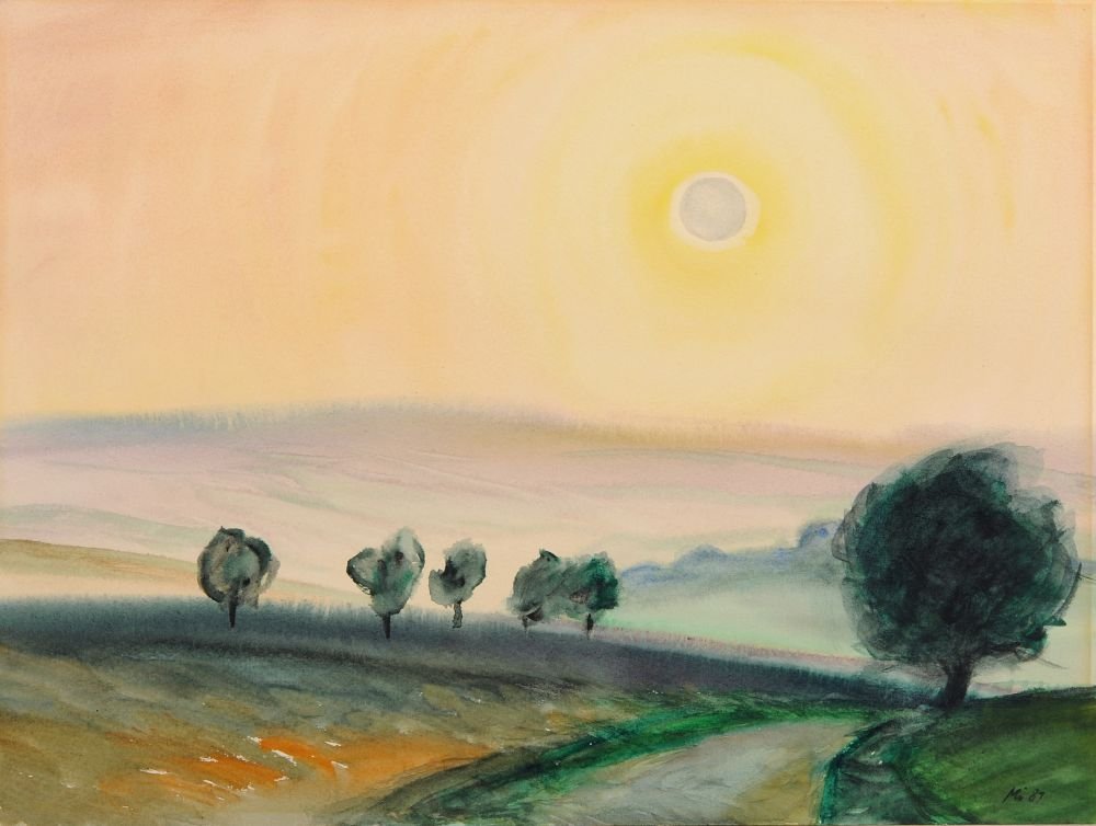 Paul Michaelis "Abend hinter der Max-Klinger-: Paul Michaelis "Abend hinter der Max-Klinger- Gedaechtnisstaette". 1981. Watercolour auf Zeichenpapier. U.re. monogrammiert "Mi" und datiert. Verso in Blei signiert "Paul Michaelis" und betitelt u. Mi