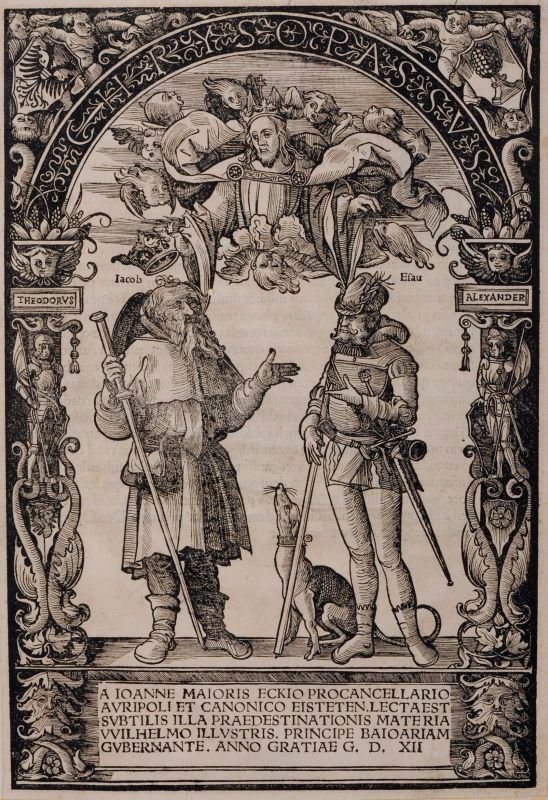 Daniel Hopfer, Jacob und Esau. 1514.: Daniel Hopfer, Jacob und Esau. 1514. Wood cut. Titelblatt zu Johann von Eck, Chrysopassus, gedruckt bei Johann Miller, Augsburg 1514.Hollstein 149. Im Passepartout.Neben zahlreichen Radierungen - der