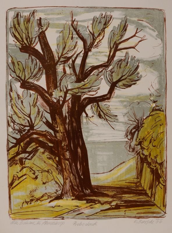 Ernst Bursche "Alte Baeume in Ahrenshoop". 1956.: Ernst Bursche "Alte Baeume in Ahrenshoop". 1956. Lithograph in colours auf chamoisfarbenen Karton. In Graphit signiert "E. Bursche" und datiert u.re., u.li. betitelt, u. Mi. bezeichnet "Probedruck". V