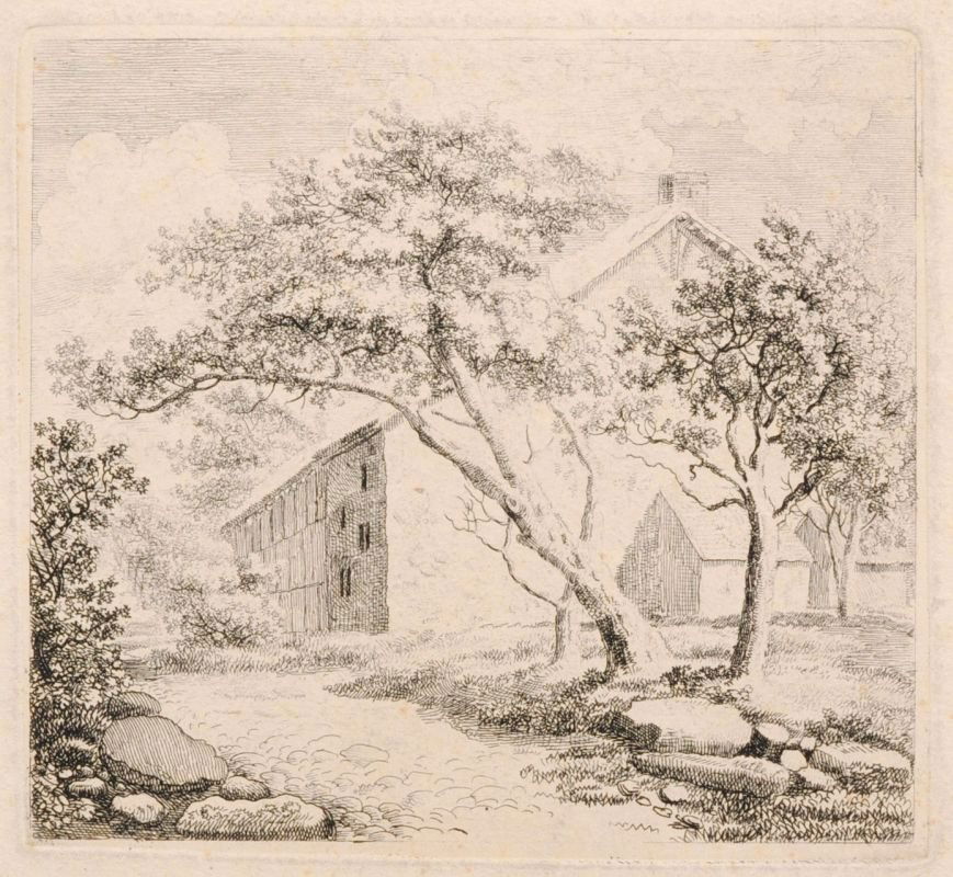 Christoph Nathe "Das helle Haus". Um 1800.: Christoph Nathe "Das helle Haus". Um 1800. Etching. In der Platte signiert "Nathe f" u.re. Auf Untersatzkarton montiert, darauf von fremder Hand in Tinte sowie in Blei bezeichnet.WVZ Ruemann 62; WVZ F