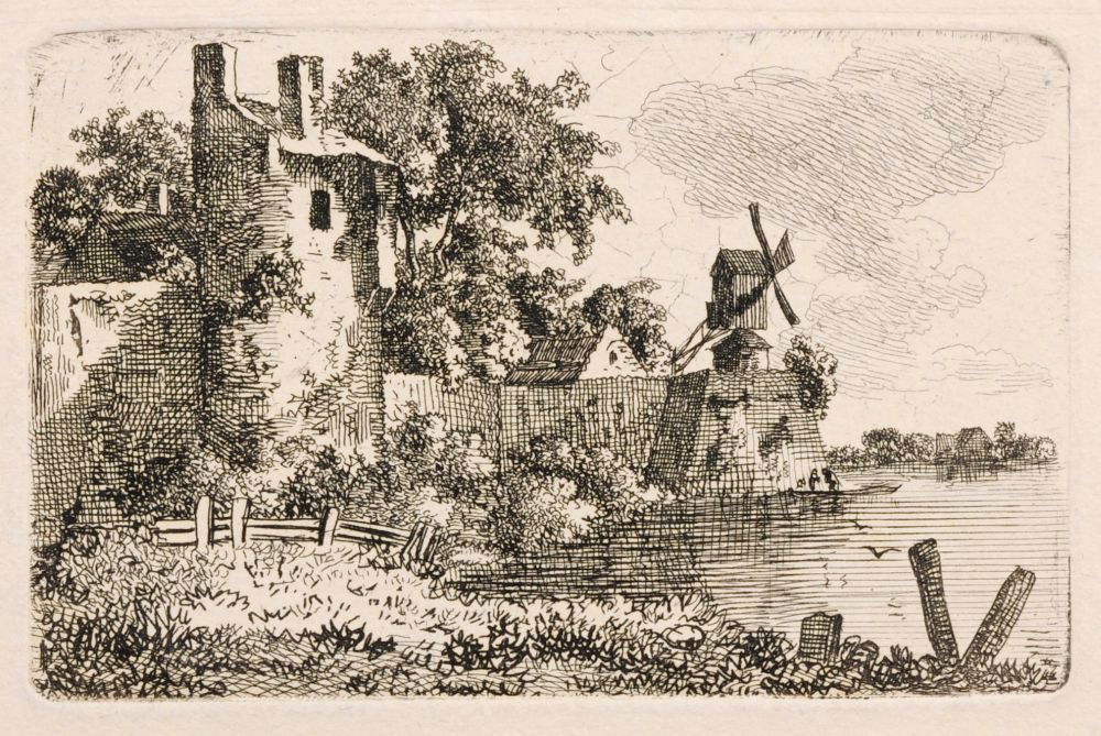 Christoph Nathe "Flusslandschaft mit einem Mauerturm: Christoph Nathe "Flusslandschaft mit einem Mauerturm und einer Windmuehle". Um 1800. Etching. Unsigniert. In Blei von fremder Hand bezeichnet u.re. Verso in Blei nochmals bezeichnet. An zwei Ecken auf
