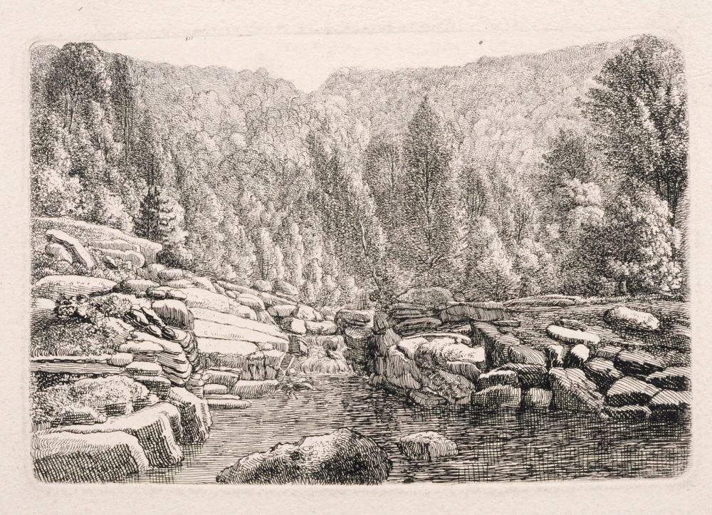 Christoph Nathe "Gebirgsbach im Riesengebirge". Um: Christoph Nathe "Gebirgsbach im Riesengebirge". Um 1805. Etching auf festem Papier. Unsigniert. Auf Untersatzkarton montiert. Darauf in blauer Tinte von fremder Hand bezeichnet. u.re. und u.li. In Ble