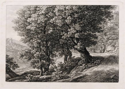 Johann Christian Reinhart, Vier Blaetter aus der Folge: Johann Christian Reinhart, Vier Blaetter aus der Folge "Landschaften mit der Widmung an Josef Abel". 1805 - 1811. Etching auf Velin. Alle Arbeiten in der Platte ausserhalb der Darstellung signiert, da