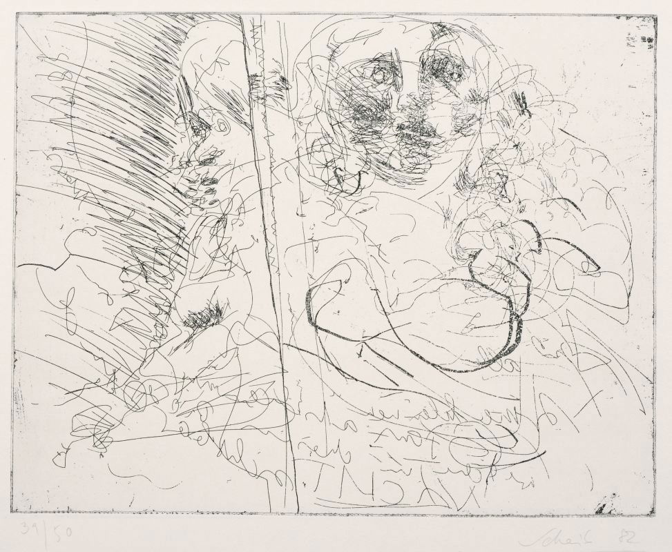 Hans Scheib "Die neunte Stunde". 1982.: Hans Scheib "Die neunte Stunde". 1982. Etching auf Buetten. Mappe mit neun Arbeiten zu neun ebenfalls radierten Gedichten von Uwe Kolbe. Jedes der kuenstlerischen Blaetter jeweils in Blei unterhalb de
