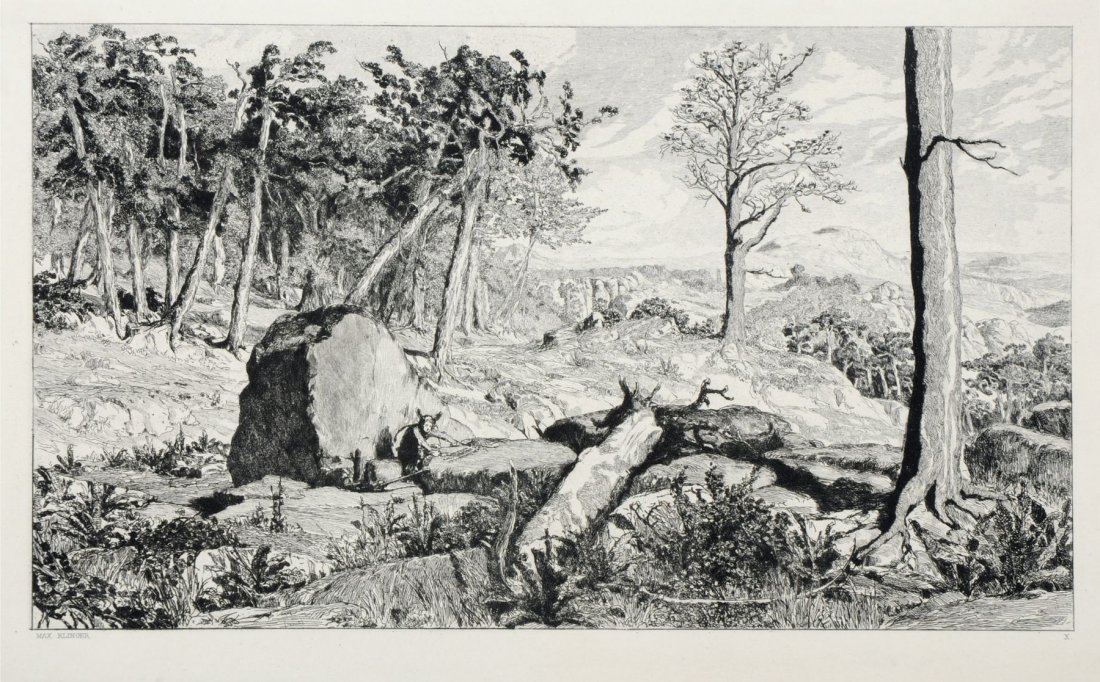 Max Klinger "Simplicius in der Waldeinoede". Um 1881.: Max Klinger "Simplicius in der Waldeinoede". Um 1881. Etching auf China, auf Kupferdruckpapier aufgewalzt. In der Platte u.li. signiert "Max Klinger", u.re. nummeriert "X". Blatt 10 der Folge "Interme