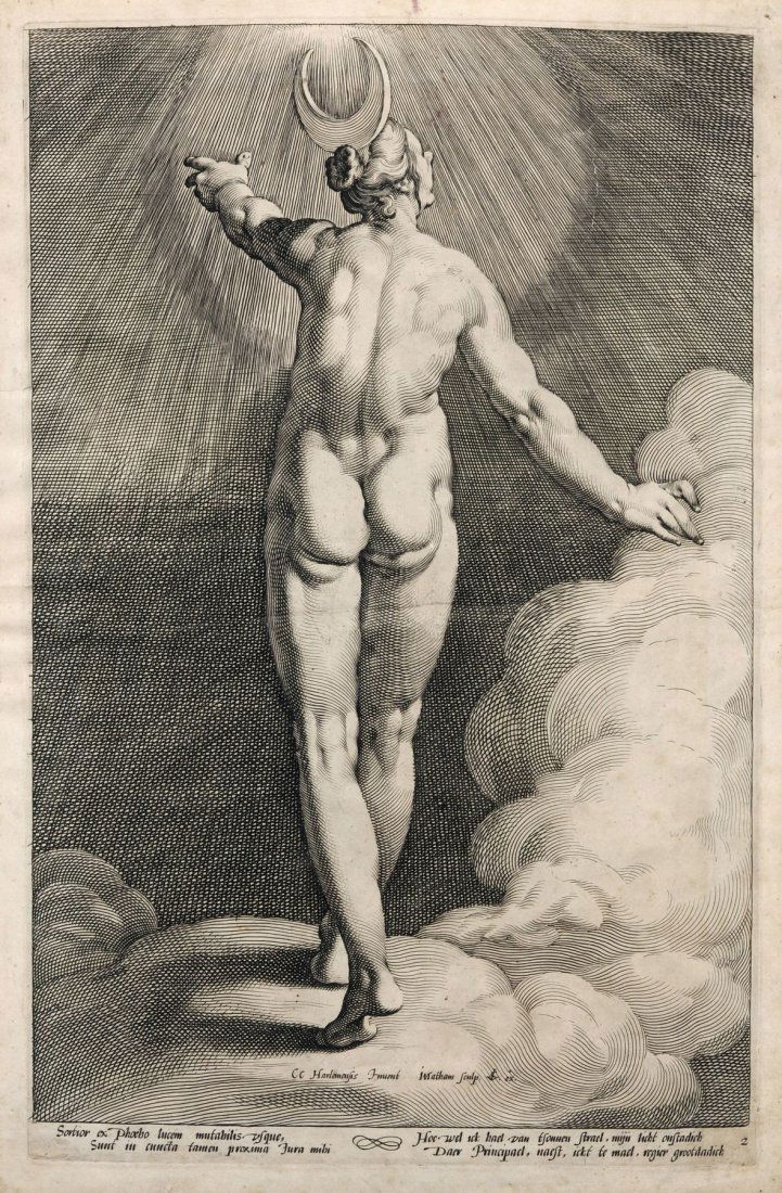 Jacob Matham "Diana in den Wolken (Diana als Luna)".: Jacob Matham "Diana in den Wolken (Diana als Luna)". 1589- 1593. Copper engraving auf Buetten. In der Platte signiert "JMatham sculp." und bezeichnet "Cc Harlemensis Invenit [d.i. Cornelis van Haarlem