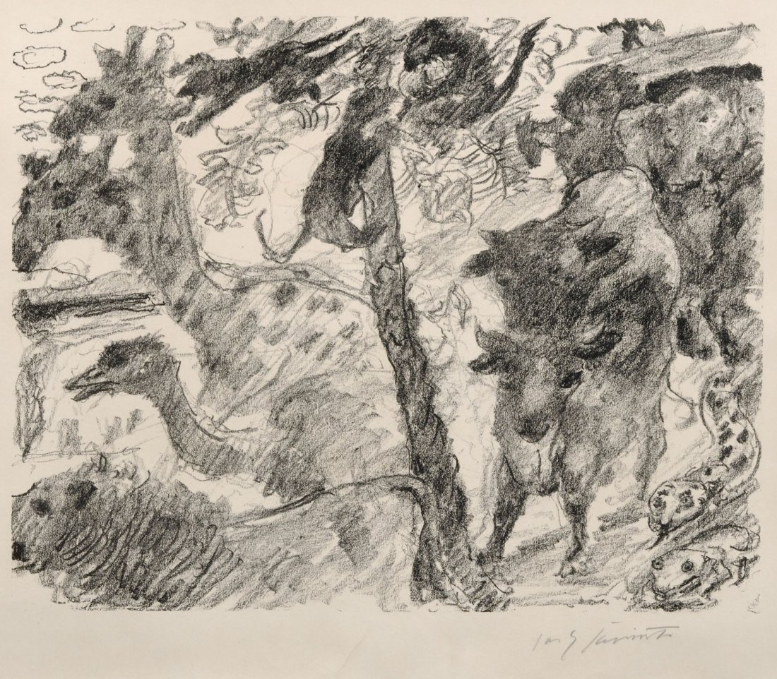 Lovis Corinth "Die Befreiung aus der Arche". 1923.: Lovis Corinth "Die Befreiung aus der Arche". 1923. Lithograph in Schwarz auf hellbeigefarbenem "Johann-Wilhelm" - Buetten. In Blei signiert "Lovis Corinth" u.re. Siebtes von acht Blaettern aus der Fol