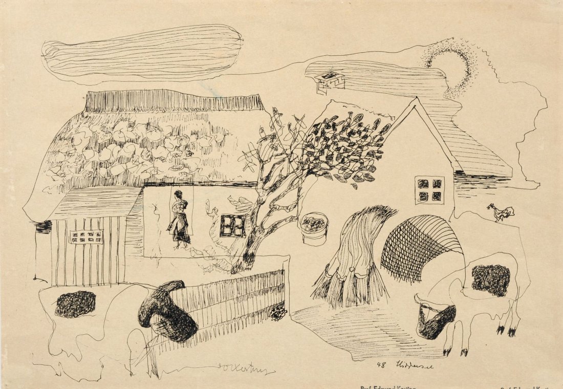 Edmund Kesting "Hiddensee". 1948.: Edmund Kesting "Hiddensee". 1948. Pen drawing (ink) auf kraeftigem, braeunlichen Papier. Mittig unterhalb der Darstellung signiert "Kesting". U.re. betitelt und datiert. Am Blattrand u. zweifach mit d