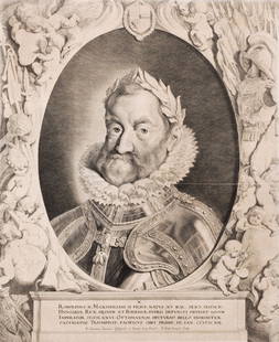 Pieter van Sompel "Rudolphus II". 1644.: Pieter van Sompel "Rudolphus II". 1644. Etching auf Buetten mit Wasserzeichen (Lilie ueber Wappen mit Schraegbalken, wohl Strassburg). In der Platte u.Mi. bezeichnet "P. Soutman Invenit Effigiavit et