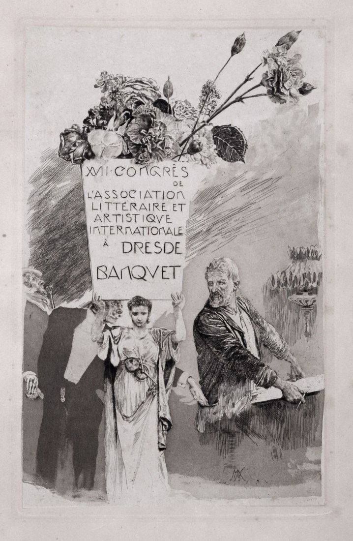 Max Klinger "Menu zum XVII. Kongress der Association: Max Klinger "Menu zum XVII. Kongress der Association litteraire". 1895. Aquatint etching auf China, auf Kupferdruckpapier aufgewalzt. In der Platte u.re. monogrammiert "MK" und datiert. Verso mit dem