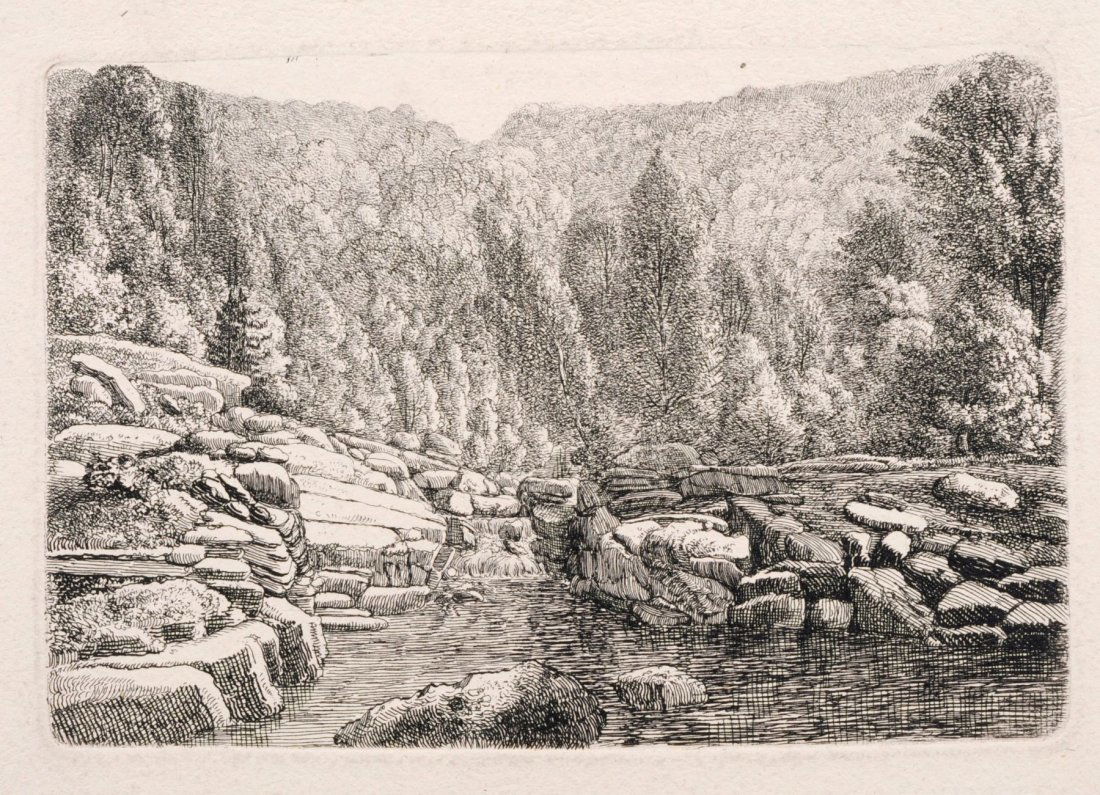 Christoph Nathe "Gebirgsbach im Riesengebirge". Um: Christoph Nathe "Gebirgsbach im Riesengebirge". Um 1805. Etching auf festem Papier. Unsigniert. Auf Untersatzkarton montiert. Darauf in blauer Tinte von fremder Hand bezeichnet u.re. und u.li. In Blei