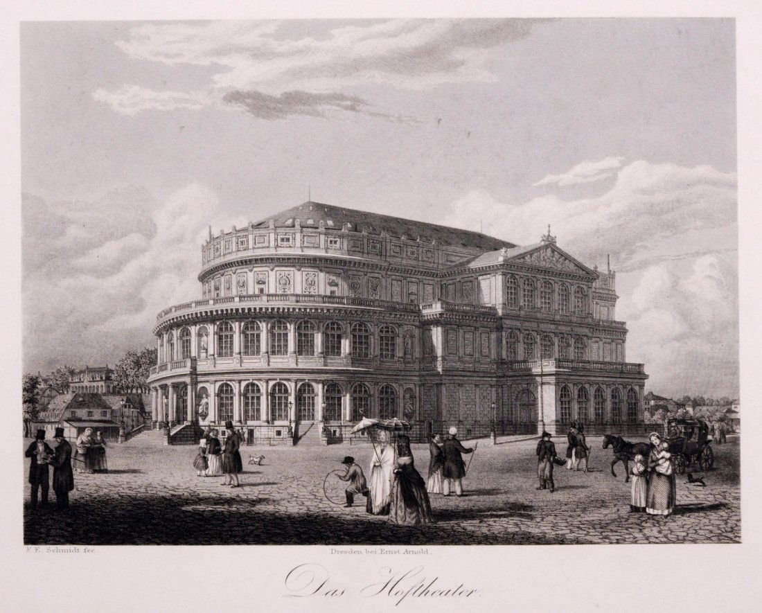 F. E. Schmidt "Das [erste] Hoftheater" Dresden. Um: F. E. Schmidt "Das [erste] Hoftheater" Dresden. Um 1850. Steel engraving. In der Platte unterhalb der Darstellung li. signiert "F.E.Schmidt fec.", u.Mi. mit der Verlagsangabe, darunter mittig betitelt
