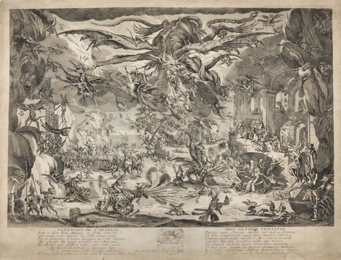 Jacques Callot (Kopie nach) "Die Versuchung des: Jacques Callot (Kopie nach) "Die Versuchung des Heiligen Antonius". 1679 - 1728. Etching auf Buetten nach dem Original von 1635. In der Platte in der Darstellung bezeichnet "Jac. Callot Inven. et fc."