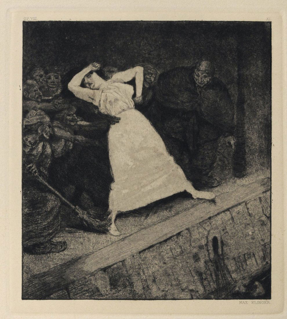 Max Klinger "In die Gosse!". 1884.: Max Klinger "In die Gosse!". 1884. Aquatint etching von der verstaehlten Platte auf gelblichem Kupferdruckkarton. In der Platte signiert "MAX KLINGER" u.re., o.li. bezeichnet "OP VIII" und o.re. numme