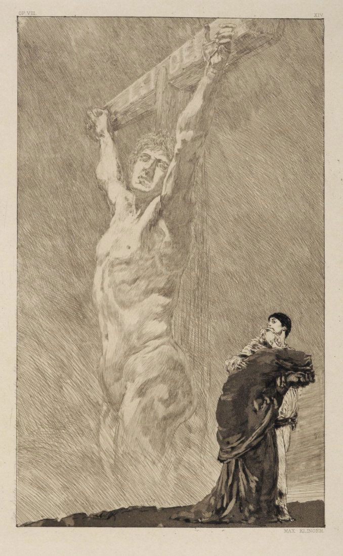 Max Klinger "Leide!" 1884.: Max Klinger "Leide!" 1884. Aquatint etching und Kaltnadel von der verstaehlten Platte auf gelblichem Kupferdruckkarton. In der Platte signiert "MAX KLINGER" u.re., o.li. bezeichnet "OP VIII." und o.re
