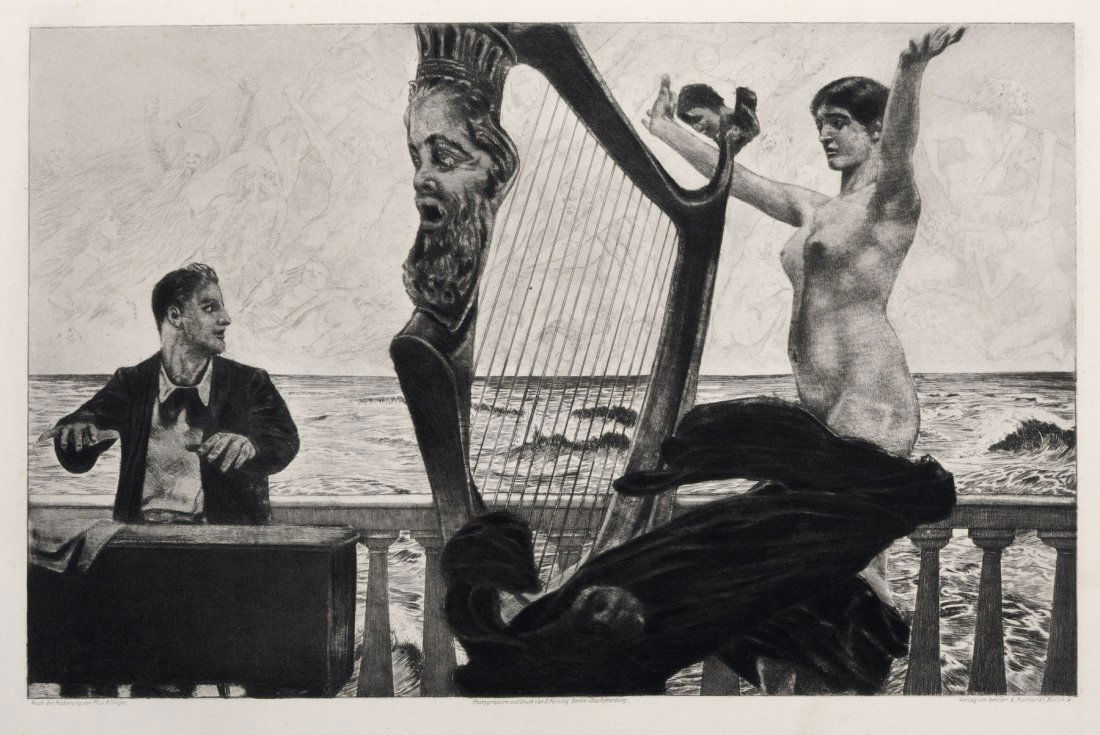 Max Klinger "Evocation". 1890- 1894.: Max Klinger "Evocation". 1890- 1894. Photoengraving auf Buettenkarton nach der Originalaquatintaradierung des Kuenstlers. In der Platte u.Mi. signiert, u.re. und li. bezeichnet. Blatt 19 der Folge "Br