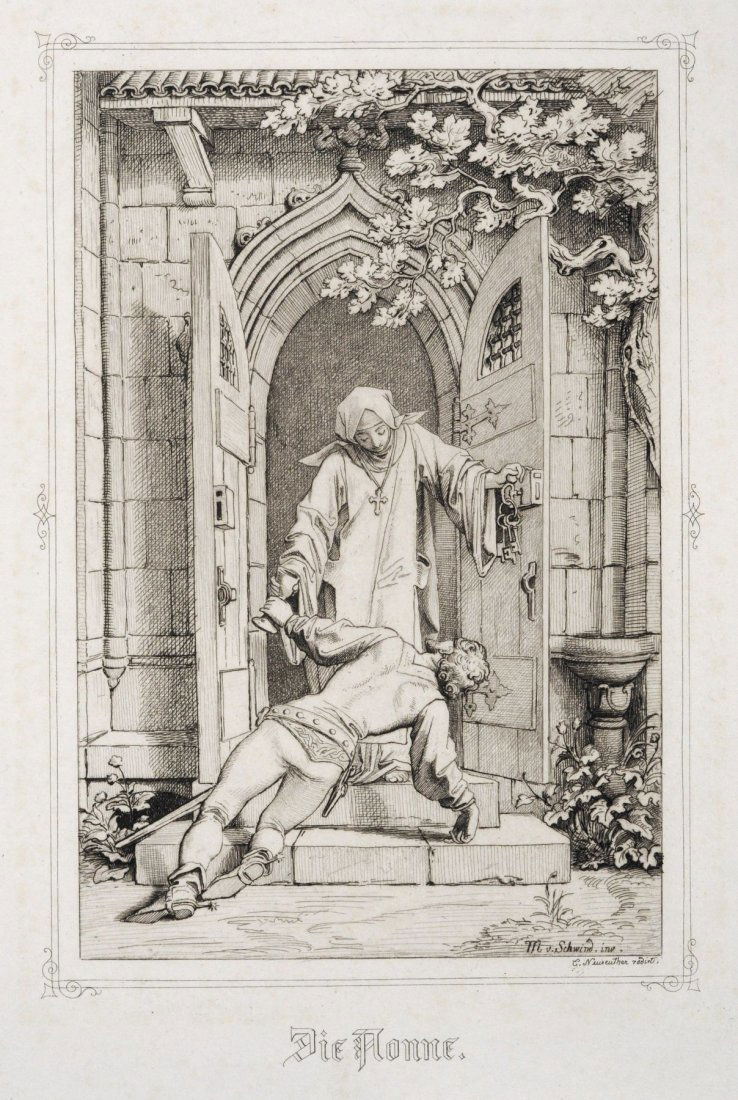 Eugen Napoleon Neureuther "Die Nonne". Mitte 19th cent.: Eugen Napoleon Neureuther "Die Nonne". Mitte 19th cent. Etching auf Buetten. Nach einem Original von Moritz von Schwind. Auf der Platte u.re. signiert "E. Neureuther radirt" und bezeichnet "M. v. Schw