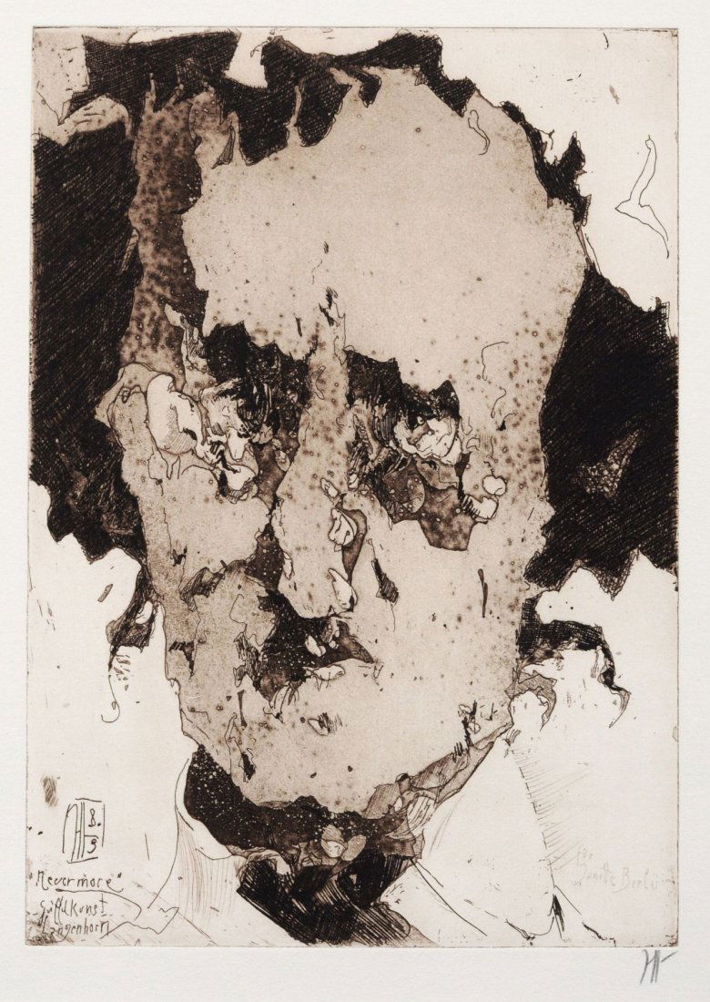 Horst Janssen "Nevermore ...". Wohl 1983.: Horst Janssen "Nevermore ...". Wohl 1983. Aquatint etching in Braunschwarz auf festem Buetten. In der Platte u.li. bezeichnet "Nevermore Griffelkunst ... Langenhorn" sowie re. bezeichnet "fuer Janette