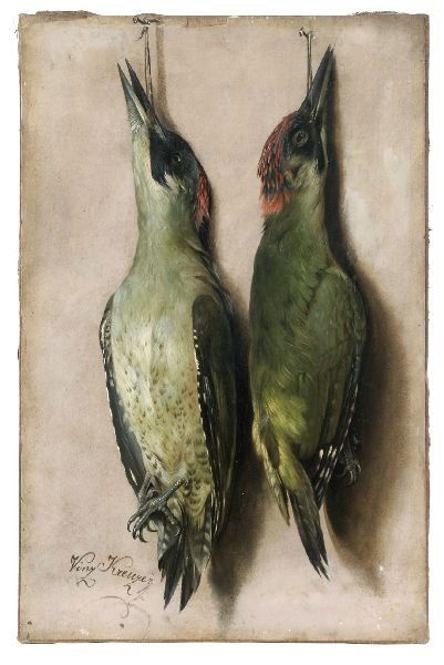 Vinzenz Kreuzer "Hunting still life". No date.: Vinzenz Kreuzer "Hunting still life". No date. Oil on paper, mounted on canvas. Signed to the lower left. Framed.Two slight retouchings. size: 38,3 x 25 cm. Vinzenz Kreuzer "Jagdstilleben". Ohne Jahr.