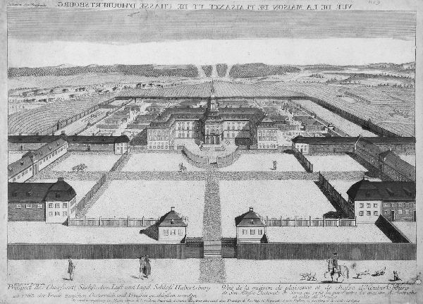 F. Riedel "Prospect of the Saxon castle Hubertusb: F. Riedel "Prospect of the Saxon castle Hubertusburg". Late 18th cent. Coloured engraving after a drawing of Perignon. Signed and inscribed. Passepartout.Minor damages.Old restoration to the lower cor