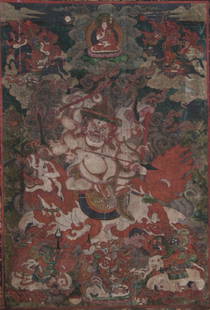 Thangka Six-Armed White Mahakala 17-18th Century: Six-armed White Mahakala is one of the most famous form of Mahakala and well known for his power to grant wishes and support the comfort and economic well-being of tantric practitioners, 46 cm x