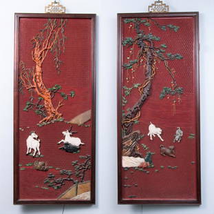 Pair of Jade Stone Inlay Cinnabar Lacquer Panels: A pair of hanging cinnabar lacquer panels, inlayed with jade stones, depicting goats, dogs, pine, willow and scholar's stone, mid 20th century, 90cm x 39cm