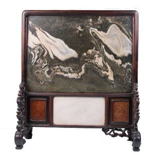 Large Dali Marble Panel and Stand 19th C: A large dali marble panel and stand, a larger Spanish green marble accented with light brown and creamy-white veins on top, and another smaller white with grey inclusion marble inlaid on the bottom, a