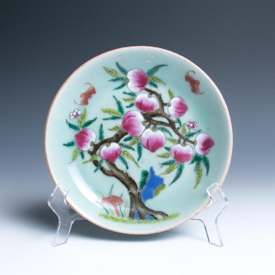 LATE QING GREEN GROUND FAMILLE-ROSE 'PEACH' DISH (1 of 10)