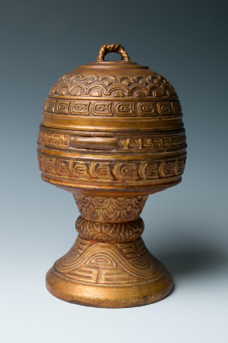 A GILT WOOD RITUAL CONTAINER AND COVE, 19TH C. (1 of 6)