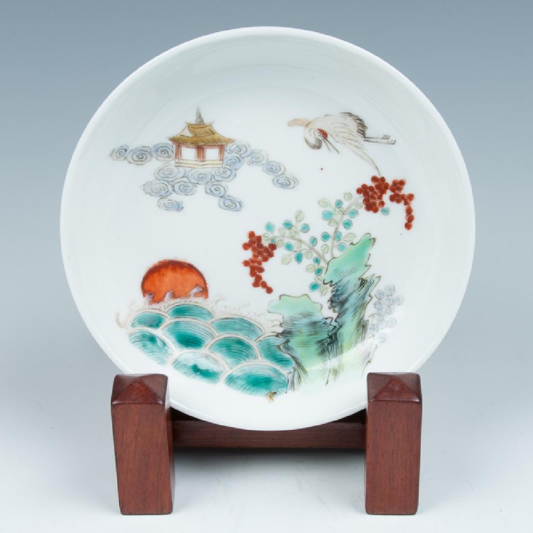 FAMILLE ROSE â€˜PAGODA AND CRANEâ€™ DISH, REPUBLICAN (1 of 5)