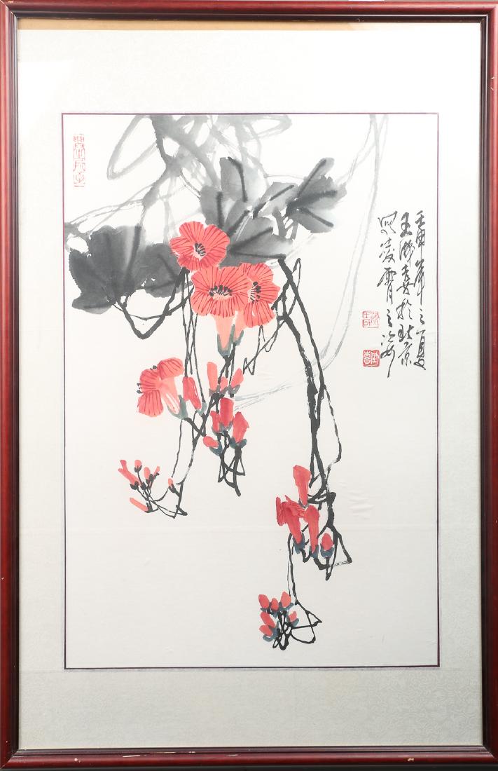 WANG CHENG XI (1940-), MORNING GLORY: Flower and leaf. Ink and color on paper. Mounted and framed. Titled and signed by the artist, with three seals 45.5 x 67.5 cm