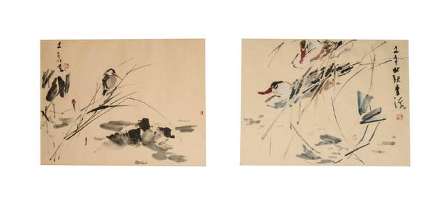 CHEN WENHSI (1906-1991) GOOSE AND BIRD: Depicting bird and goose, ink and color on paper, signed by the artist with one seal on each painting. 44cm x 34cm eachProvenance: From the estate of General Tsai Tingkai (1892-1968) , In 1930, he ser