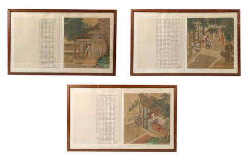 THREE PAINTINGS ON SILK, QING DYNASTY: The group comprising of three silk paintings, depicting figures within an interior scene with calligraphy on the left, ink and color on silk, with three seals on each painting, framed. Provenance: Est