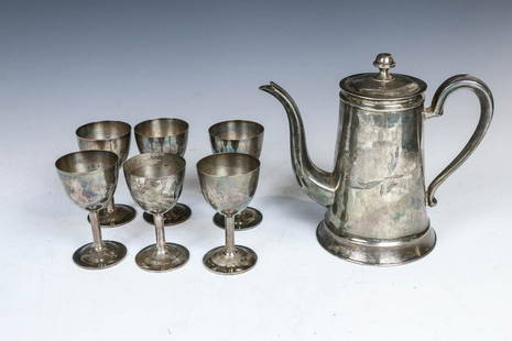 SET OF 7 CHINESE SILVER WINEWARES, QING: The group comprising of a total of seven pieces silver wares including six cups and one pot. Highest Height: 16.5cm; total weight approx: 778 grams